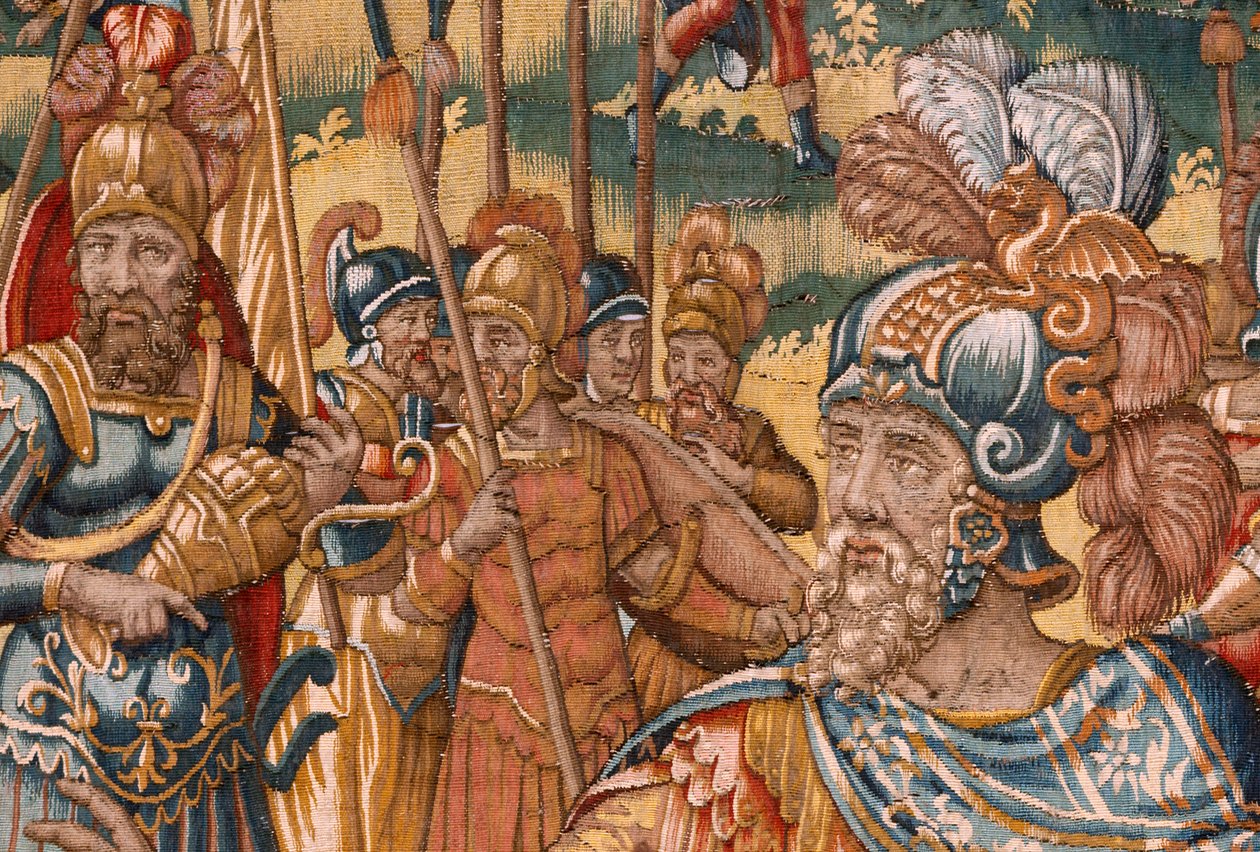 Bispedømmemuseum (Bispedømmemuseum). flamsk billedvev. Brussel. François Geubels verksted. Serien Historien om Gideon. Israelittene overlater sin del av byttet til Gideon. Silke og ull. Legat av Bisho av Maerten van Heemskerck