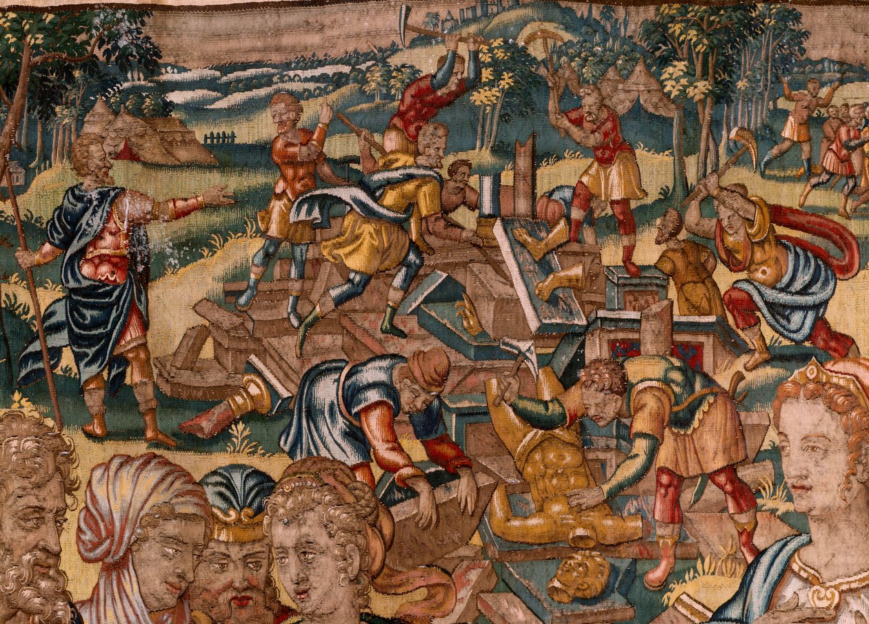 Bispedømmemuseum (Bispedømmemuseum). flamsk billedvev. Brussel. François Geubels verksted. Serien Historien om Gideon. Joasj får beskjed om at Gideon har ødelagt Ba'als alter (Joasj får beskjed om at Gideon har revet Ba'als alter). Silke og ull. Be av Maerten van Heemskerck
