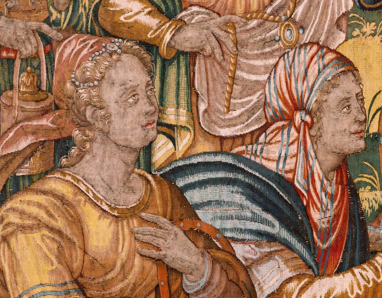 Bispedømmemuseum (Bispedømmemuseum). flamsk billedvev. Brussel. François Geubels verksted. Serien Historien om Gideon. Israelittene overlater sin del av byttet til Gideon. Silke og ull. Legat av Bisho av Maerten van Heemskerck