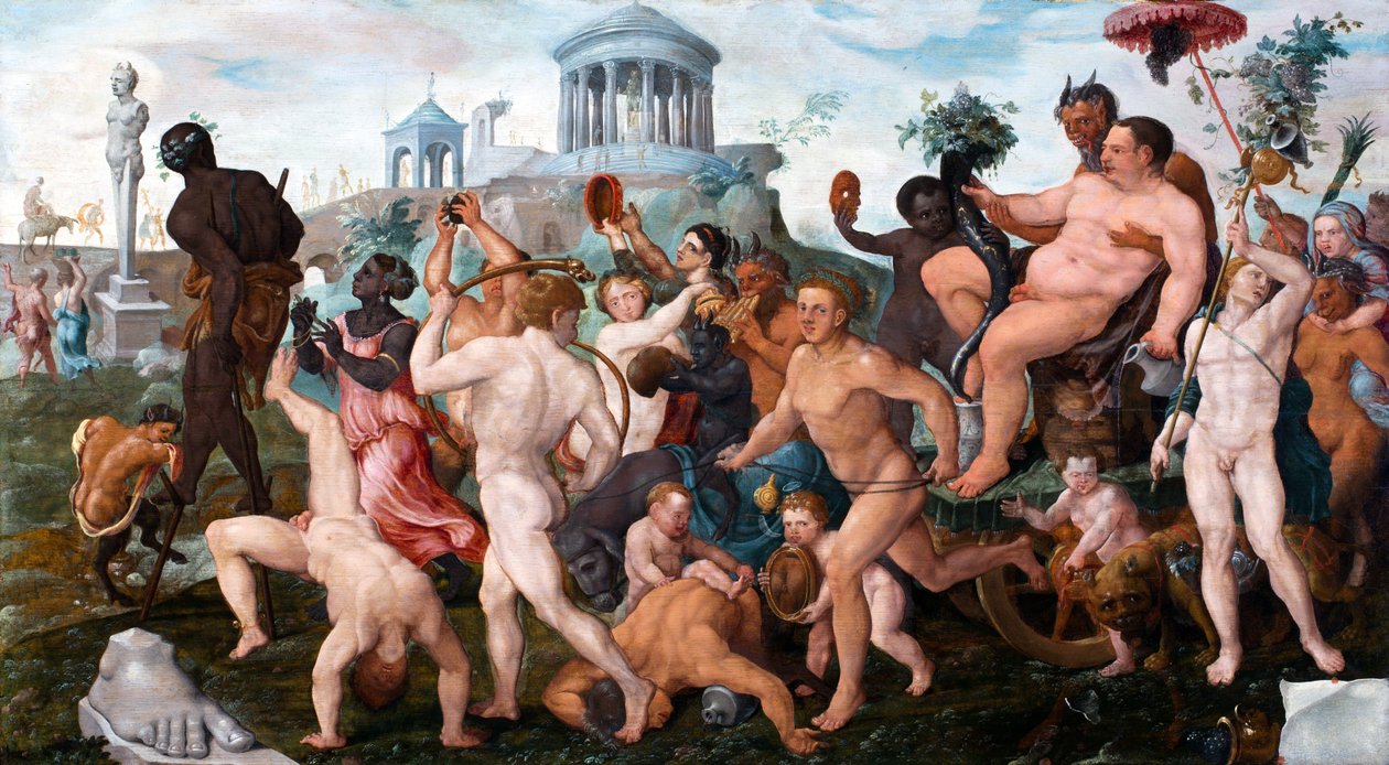 La procession triomphale de Bacchus - The Triumphal Procession of Bacchus av Heemskerck, Maarten Jacobsz, van (1498-1574). Olje på tre, størrelse: 50x91 av Maerten van Heemskerck