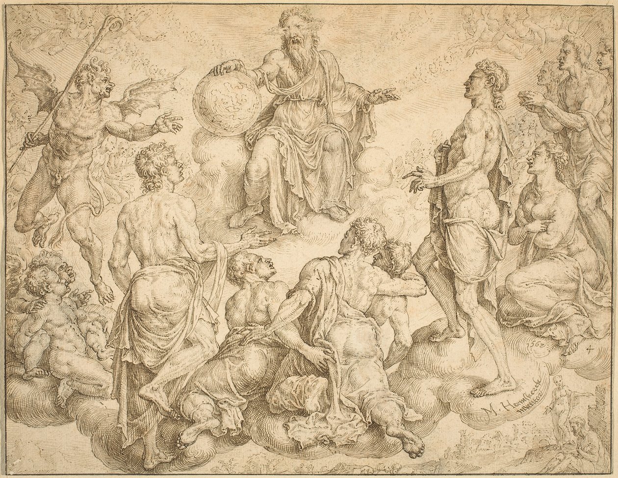 Satan utfordrer Gud til å fjerne hans beskyttelse fra Job av Maerten van Heemskerck