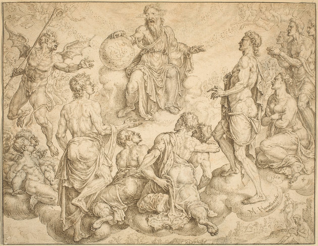 Satan utfordrer Gud til å fjerne sin beskyttelse fra Job av Maerten van Heemskerck