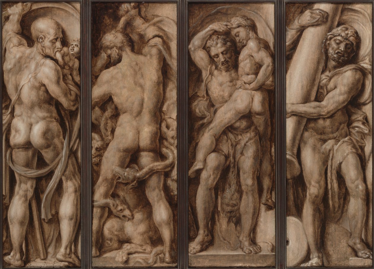 Saturn fortærer et barn; Hercules Slaying the Hydra; Hercules Lifting Antaeus; Hercules reiser søylene i Calpe og Abyla av Maerten van Heemskerck