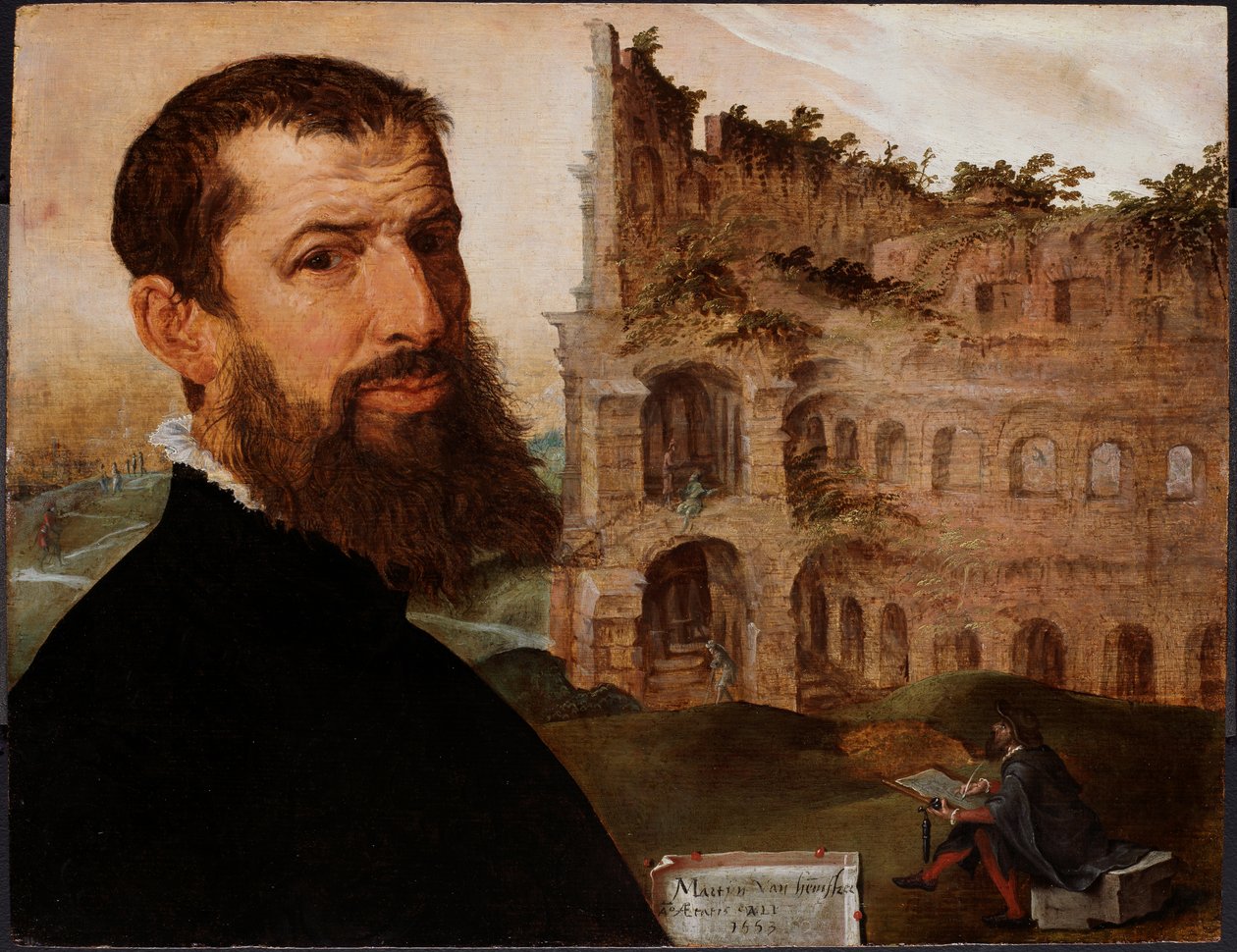 Selvportrett med Colosseum, Roma av Maerten van Heemskerck