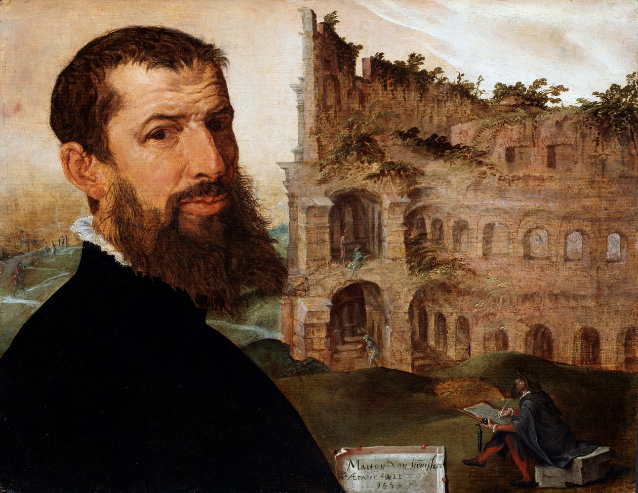 Selvportrett av maleren med Colosseum i bakgrunnen, 1553 av Maerten van Heemskerck