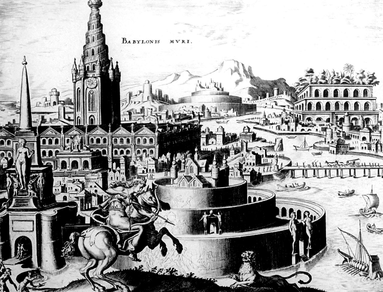The Walls of Babylon, plate 7 fra The Eight Wonders of the World, eng. Philips Galle av Maerten van Heemskerck