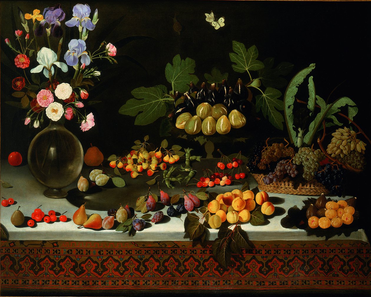 Blomst og frukt på et bord, ca. 1600. av Maestro di Hartford