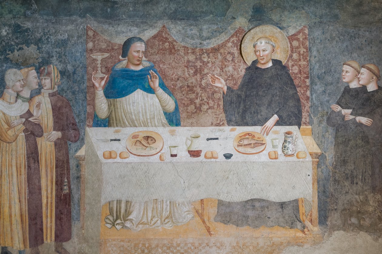 The Miracle of St Guido: Den salige abbeden gjør vann til vin før Gebeardo, erkebiskopen av Ravenna, refektorium (fresco) av Maestro di Tolentino (attr.to)