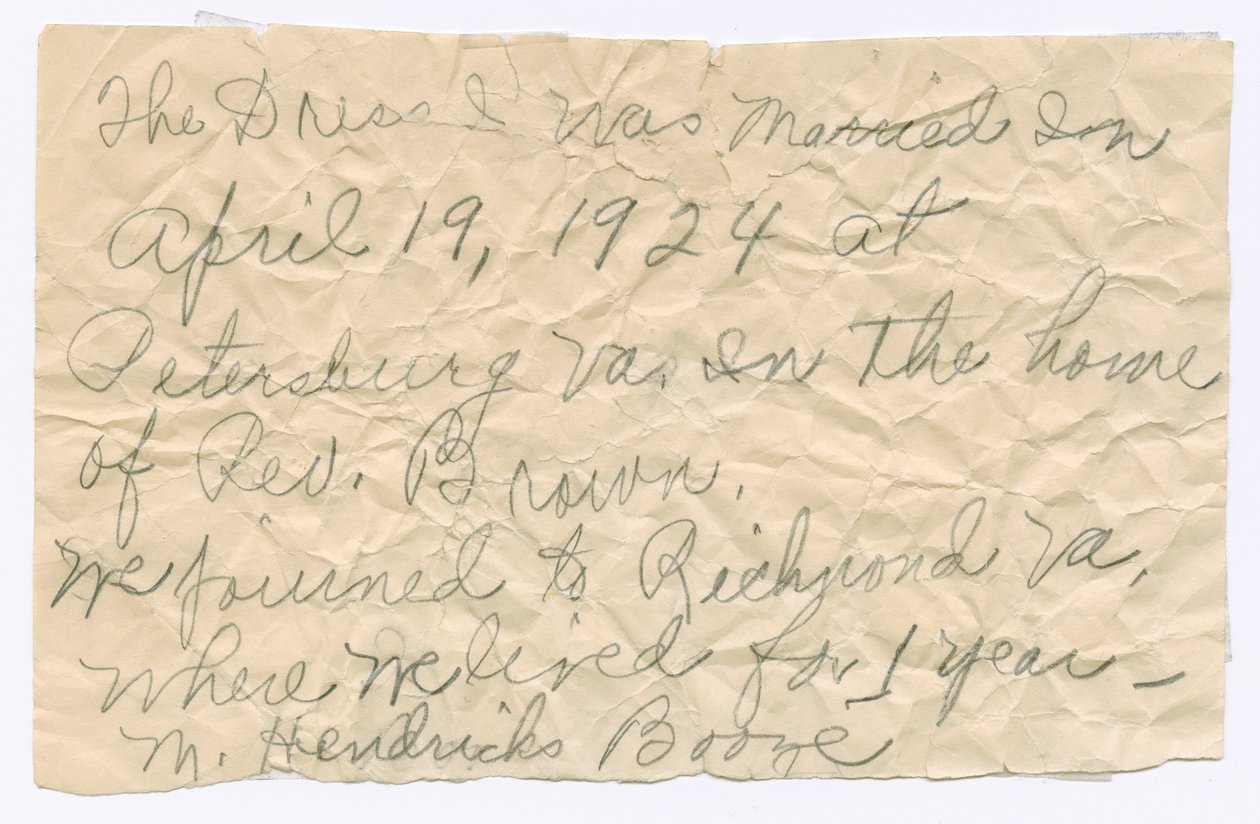 Håndskrevet notat fra Magdalene Hendricks Boozé, midten av 1900-tallet. av Magdalene Hendricks Boozé