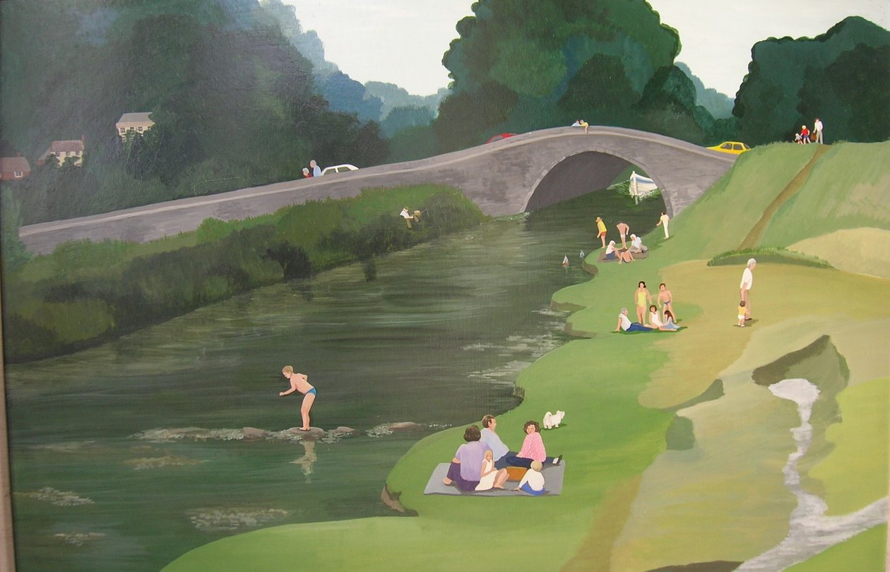 Riverside Picnic, 1989 (akryl om bord) av Maggie Rowe