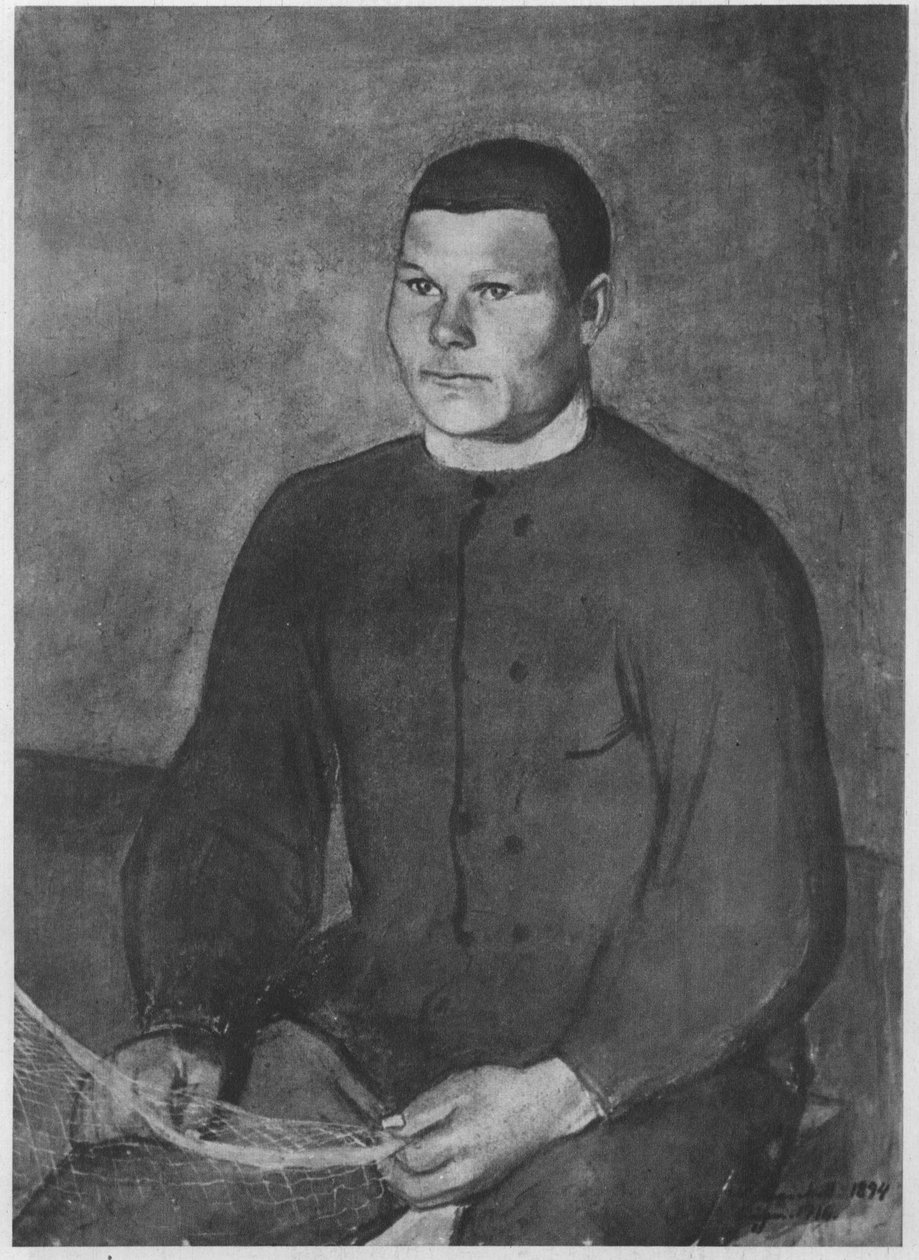 Mann som strikker garn. Beskrivelse i henhold til kilder av Magnus Enckell