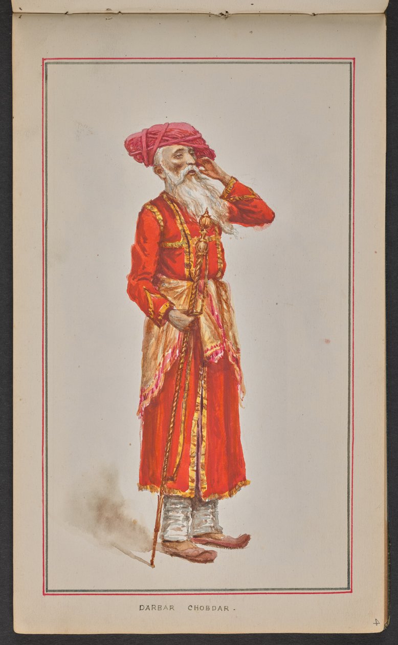 Eldre hofffunksjonær ved Kolhapur durbar, kledd i rød frakk og rosa turban (akvarell på papir) av Mahadev Vishvanath Dhurandhar