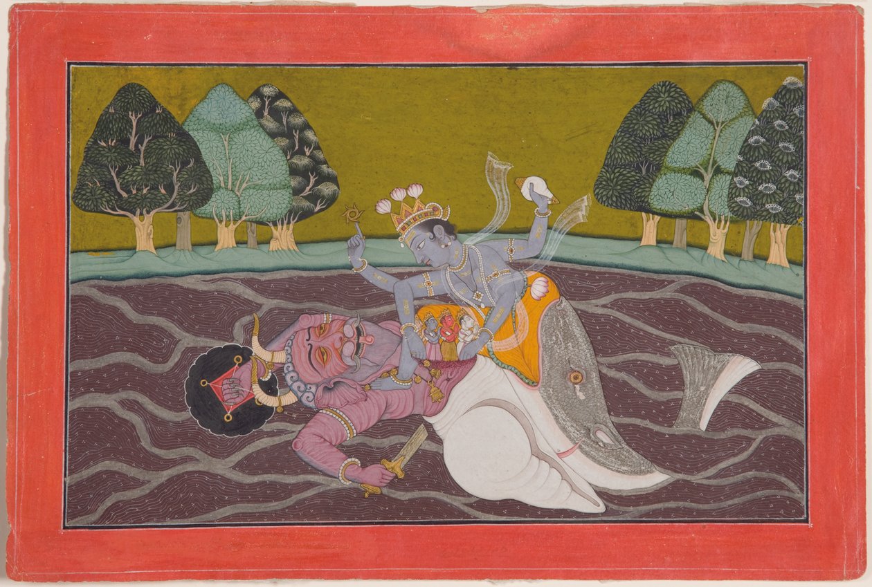 Matsya, fiskeinkarnasjonen til Vishnu, ca. 1745 (ugjennomsiktig wc og gull på papir) av Mahesh
