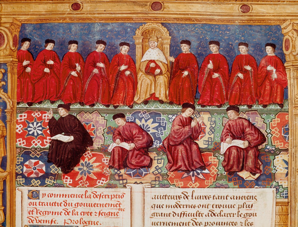 Council of Ten The Doge er i sentrum. Detalj av en miniatyr hentet fra en beskrivelse eller avtaler med regjeringen og regimet i byen og overherredømmet i Venezia realisert av admiral Louis Malet de Graville, opplyst av mesteren av Philippe av Maitre de Philippe de Gueldre