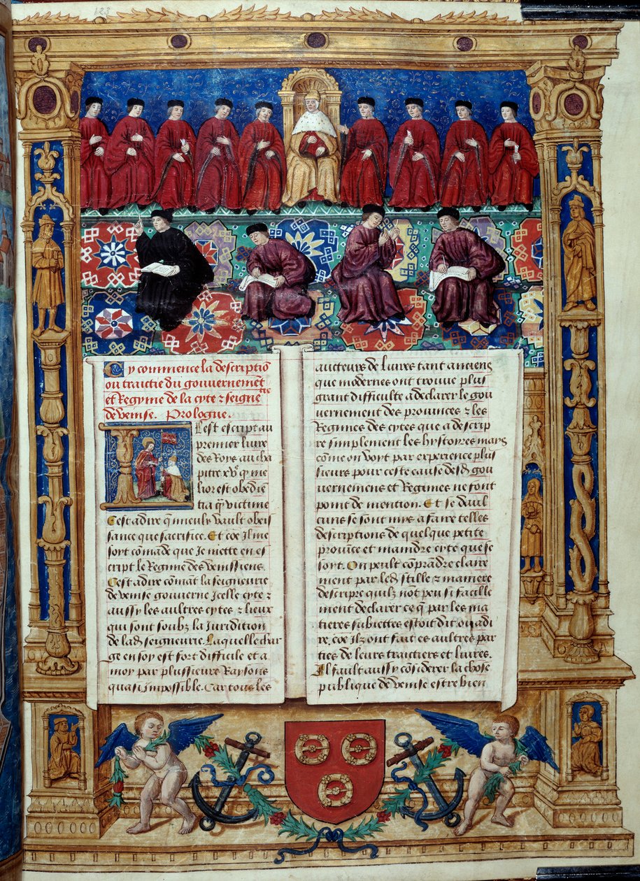 Council of Ten The Doge er i sentrum. Side hentet fra en beskrivelse eller avtaler med regjeringen og regimet til byen og seigneuriet i Venezia realisert av admiral Louis Malet de Graville, opplyst av mesteren til Philip de Geldre (1500-tallet) av Maitre de Philippe de Gueldre