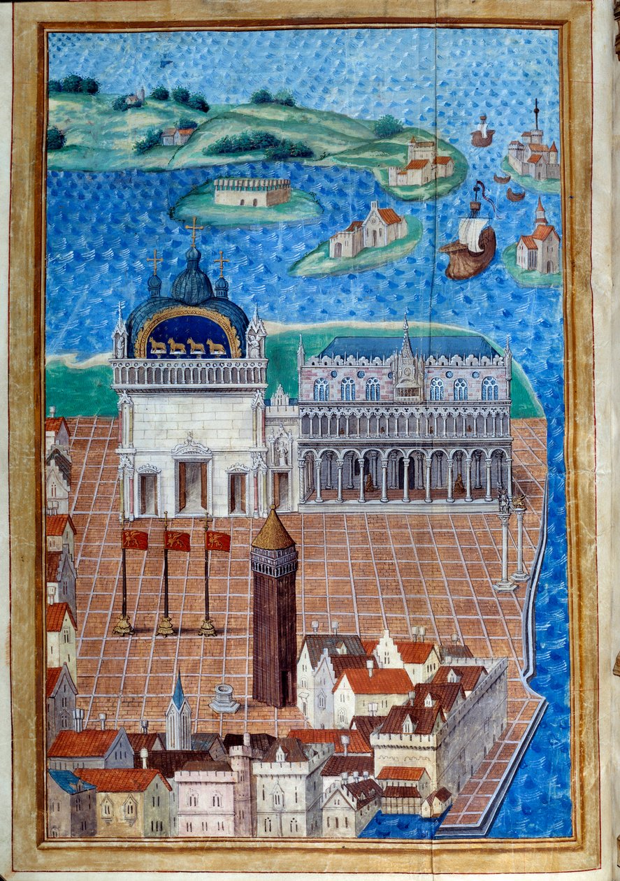 Utsikt over Markusplassen med Dogepalasset”” Miniatyr hentet fra “” Beskrivelse eller avtaler om regjeringen og regimet i byen og overherredømmet i Venezia””” av Mesteren av Philip de Geldre (1467-1547) Chantilly, Musee Conde av Maitre de Philippe de Gueldre