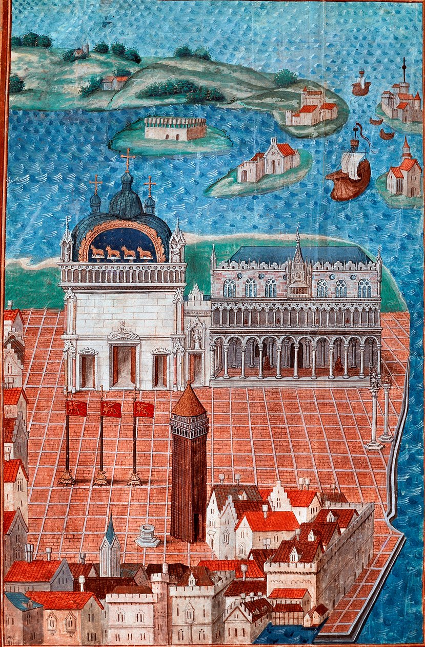 Utsikt over Markusplassen med Dogepalasset i Venezia”” Miniatyr hentet fra “” Beskrivelse eller omhandler regjeringen og regimet i byen og overherredømmet i Venezia””” av Mesteren av Philip de Geldre (1467-1547) Chantilly , Musee Conde av Maitre de Philippe de Gueldre