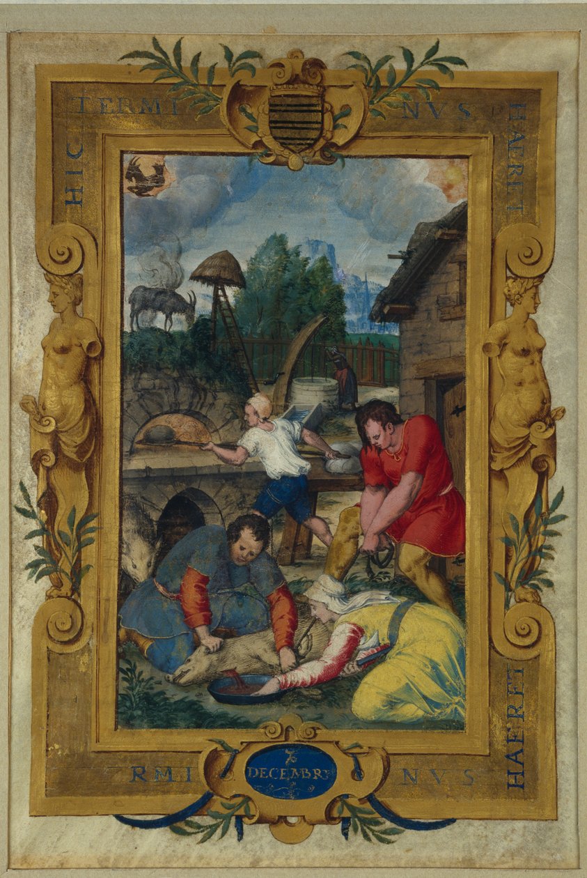 Kalenderside for desember, slakting av grisen, fra en timebok, ca. 1550-60 av Maitre des Heures de Claude Gouffier