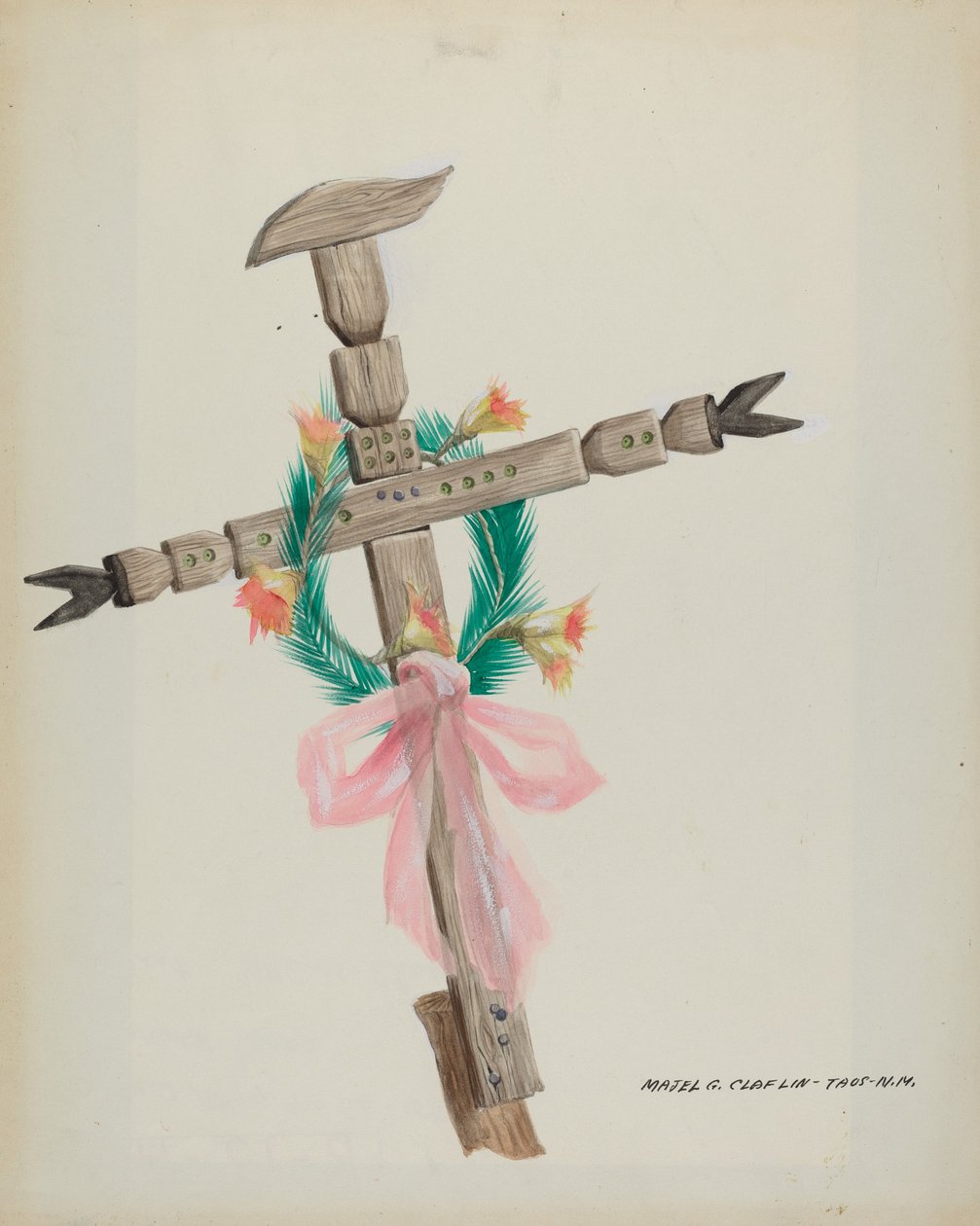 Utskåret kors - Grav, ca. 1937. av Majel G. Claflin