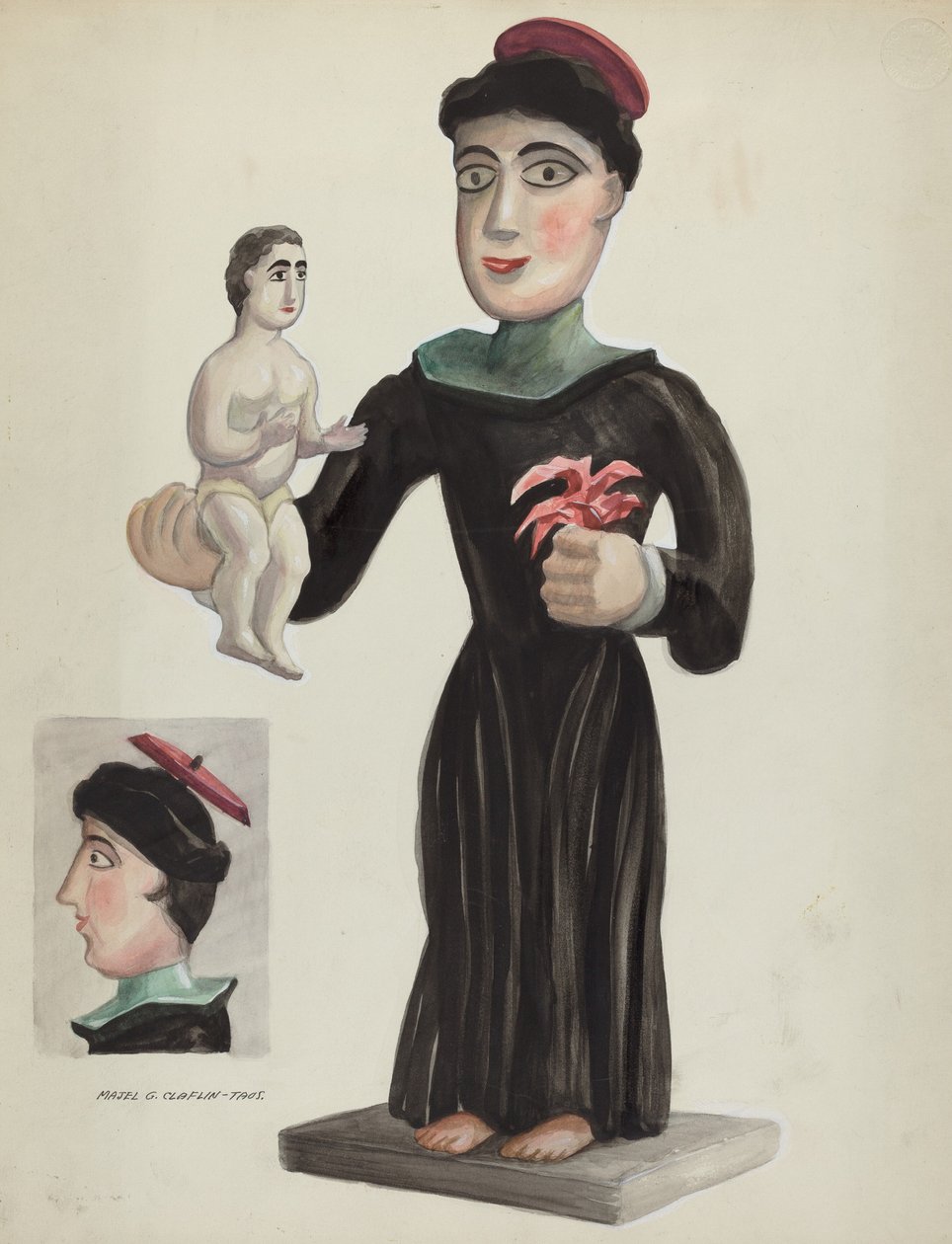 Utskåret og malt tre Santo (St. Anthony) av Majel G. Claflin