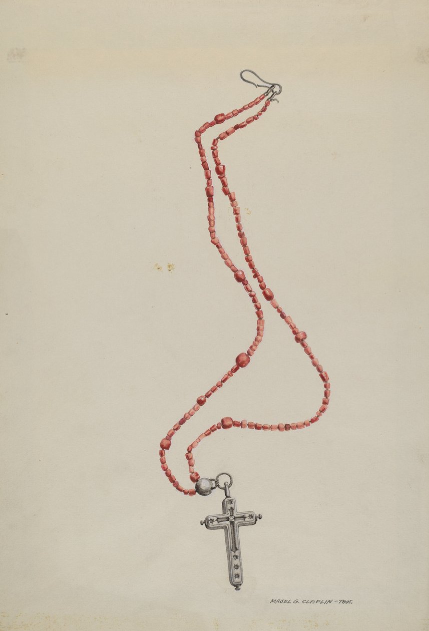Korallperler og krusifiks, ca. 1937. av Majel G. Claflin