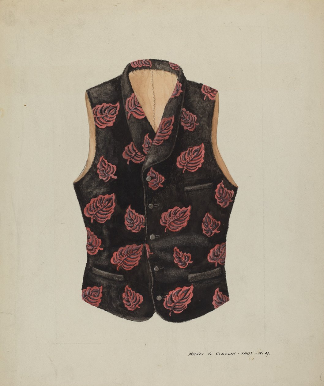 Embroidered Velvet Vest, c. 1937.    1149896   no       norwegian Successfully Translated  Original: A ligated lamb besides a basket of eggs Allegory of Easter, Second Half of the 17th cen.. Translat: A ligated lamb besides a basket of eggs Allegory of Eas av Majel G. Claflin