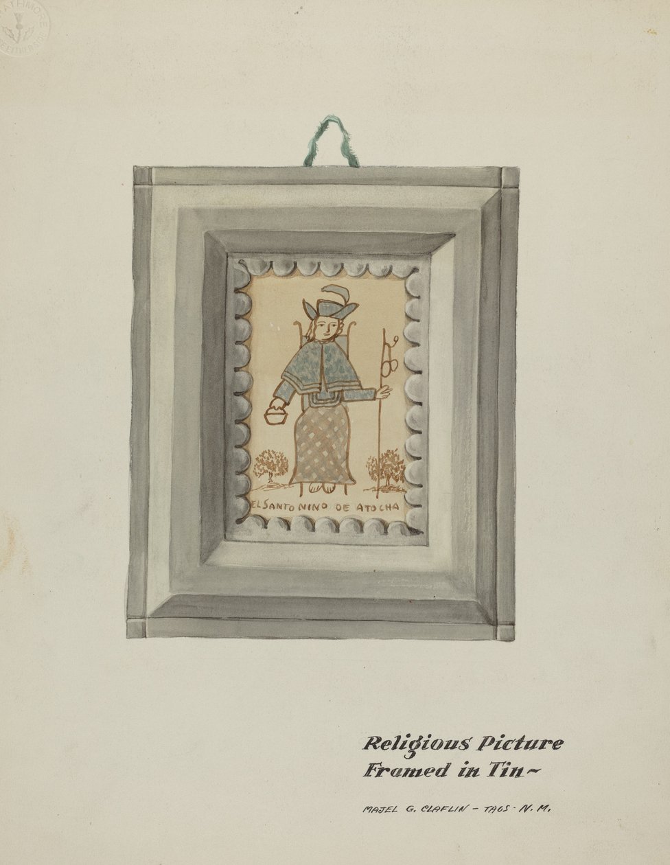 Håndtegnet Santo Nino de Atocha-håndlaget tinnramme, ca. 1937. av Majel G. Claflin