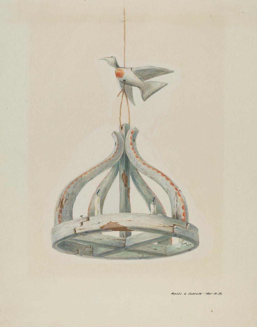 En malt, kandelaber av tre, med due, ca. 1937. av Majel G. Claflin