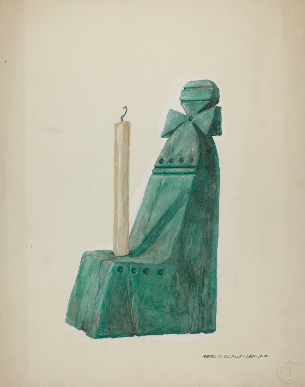 Malt trelysestake, med riller og sirkler, ca. 1937. av Majel G. Claflin