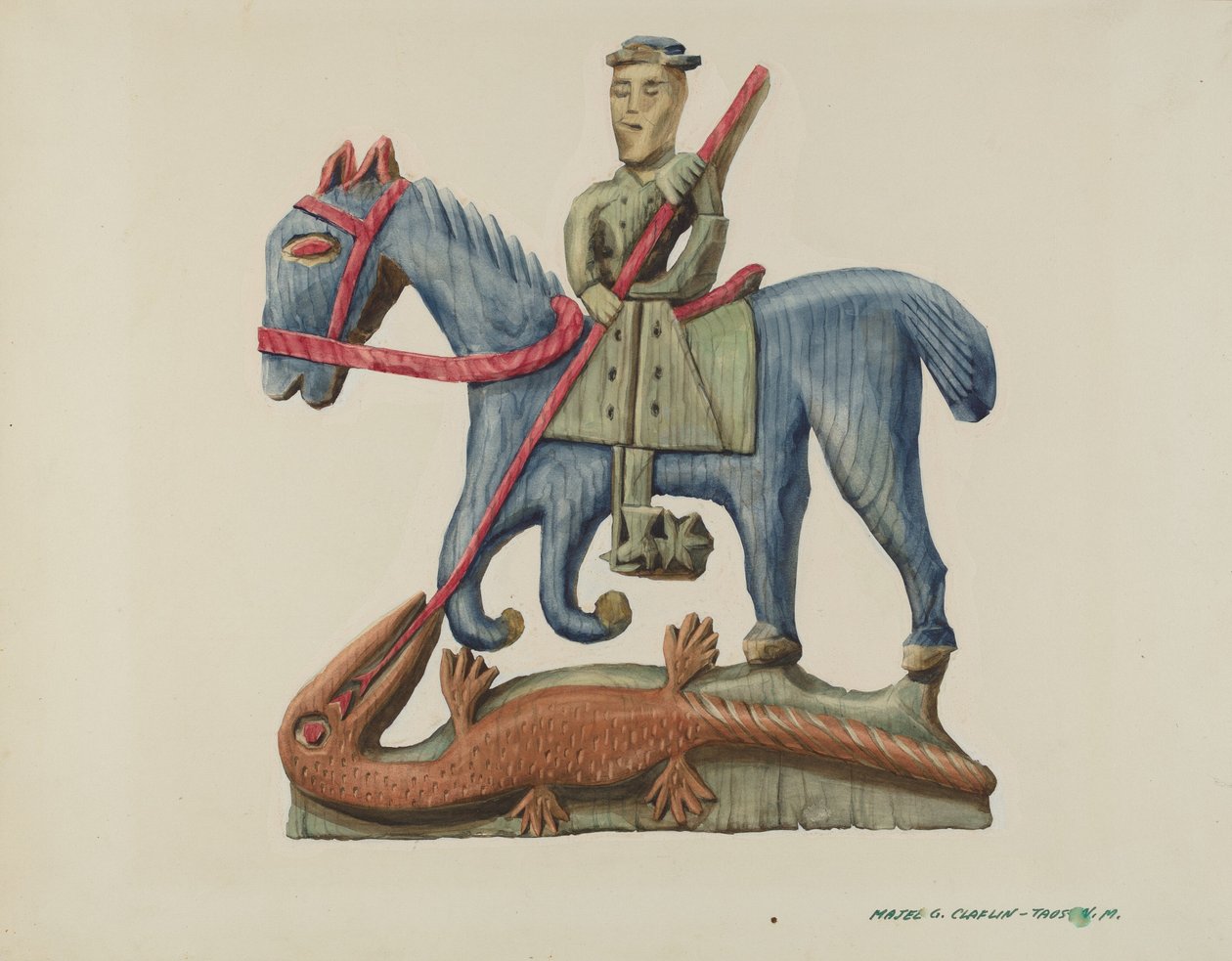 Saint George & the Dragon, skåret ut av plankesnitt - malt, ca. 1938. av Majel G. Claflin