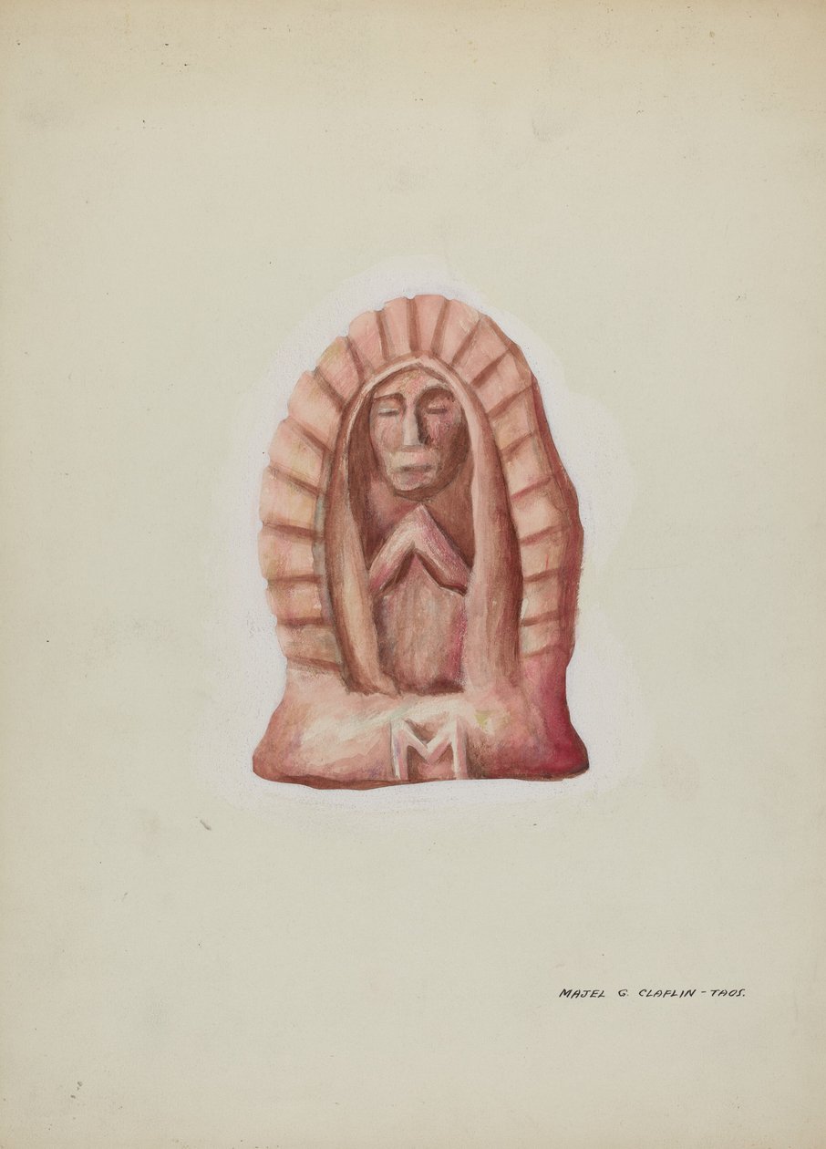 Liten statue av Guadalupe skåret i stein, ca. 1937. av Majel G. Claflin