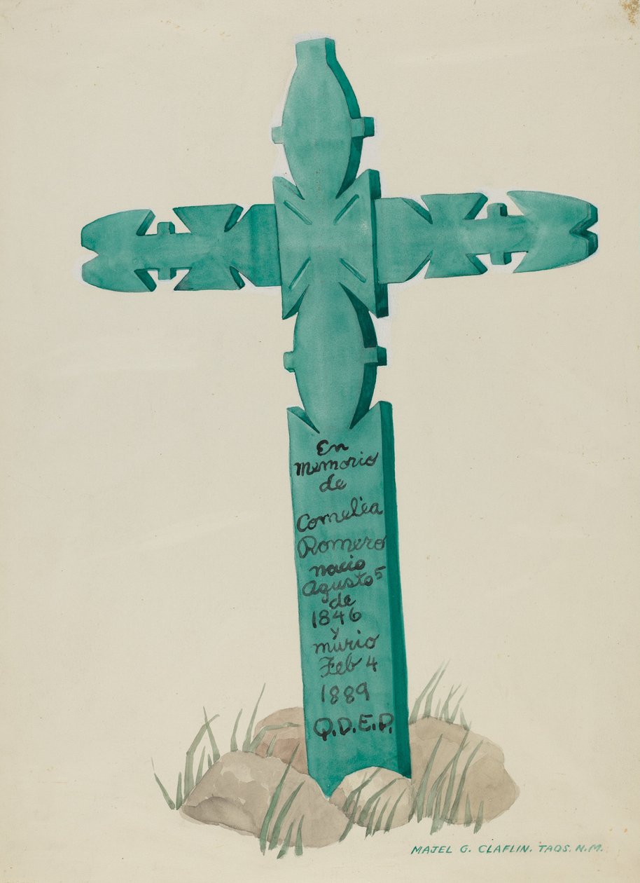 Trekors, utskåret, brukt som gravstein, ca. 1937. av Majel G. Claflin