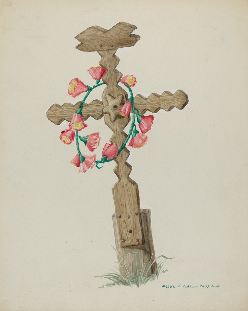 Trekors brukt som gravstein håndlaget, ca. 1937. av Majel G. Claflin