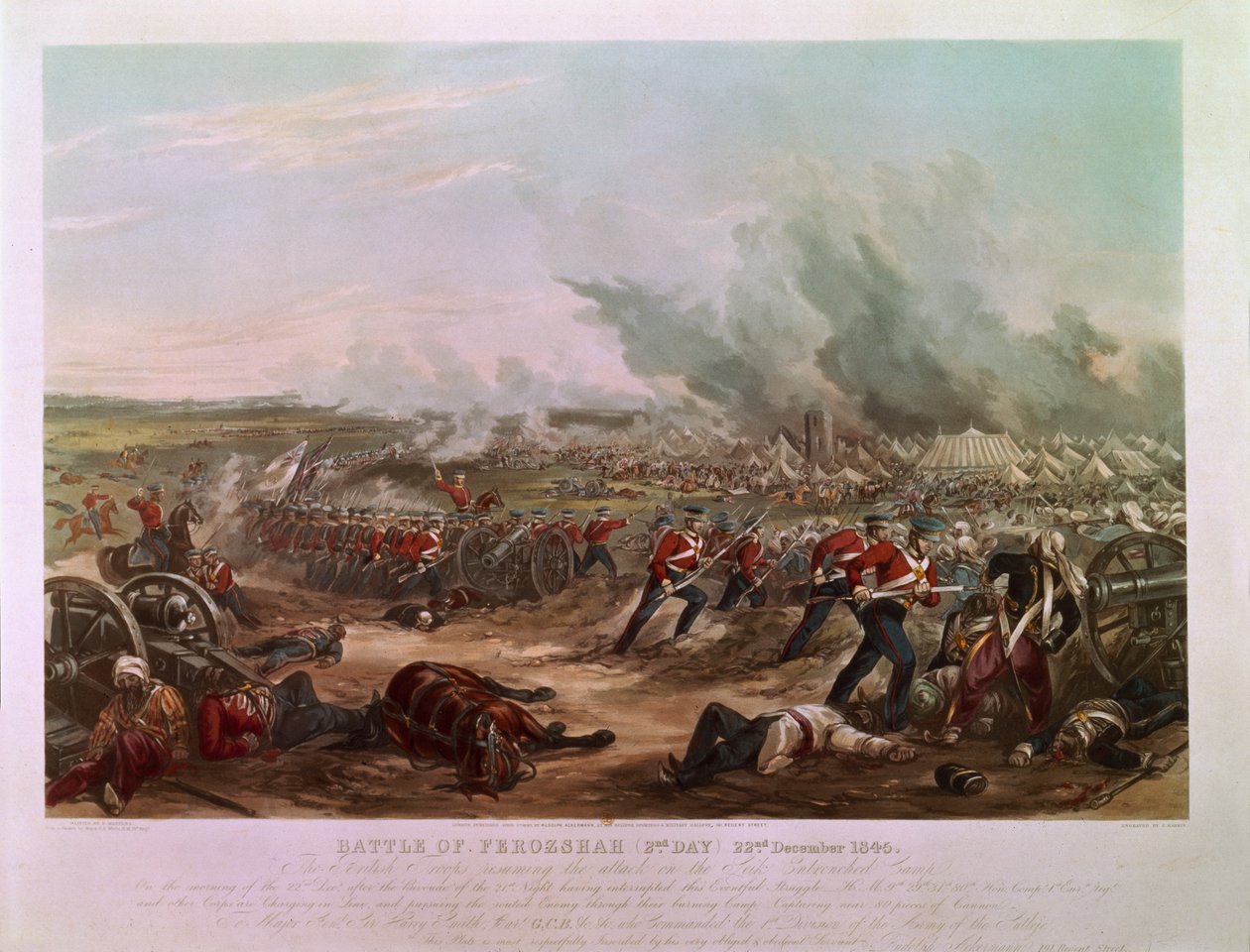 Den andre dagen i slaget ved Ferozshah, 22. desember 1845 (fargeakvatint) av Major G.F. White