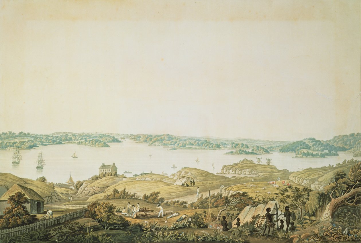 En del av havnen i Port Jackson og landet mellom Sydney og Blue Mountains, New South Wales, høyre del av panoramautsikt, ca. 1821 (akvatint) av Major James Taylor