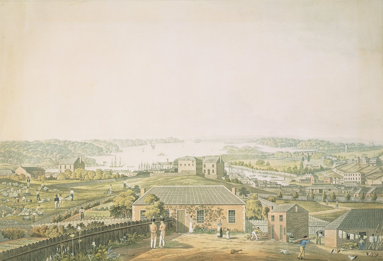 Inngangen til Port Jackson, og en del av byen Sydney i New South Wales, venstre del av panoramautsikt, ca. 1821 (akvatint) av Major James Taylor