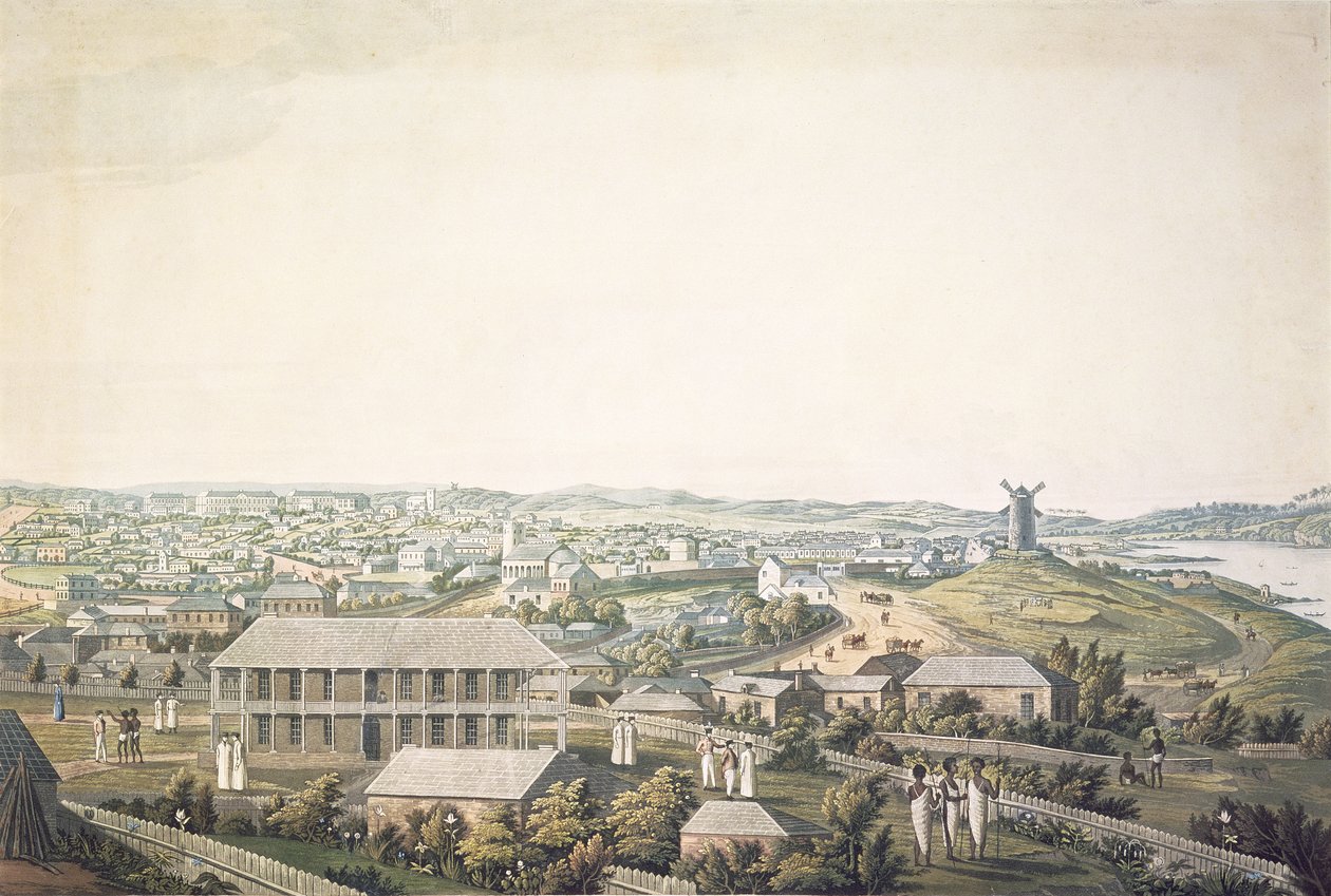 Byen Sydney i New South Wales, sentral del av panoramautsikt, ca. 1821 (akvatint) av Major James Taylor