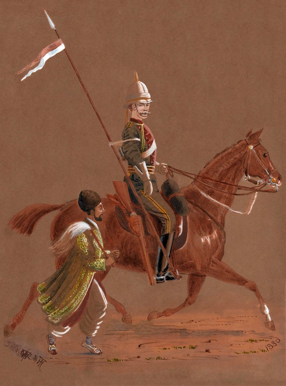 Trooper of the 9th Lancers rir, med en afghansk soldat løpende ved siden av hesten sin av Major General R.G. Woodthorpe