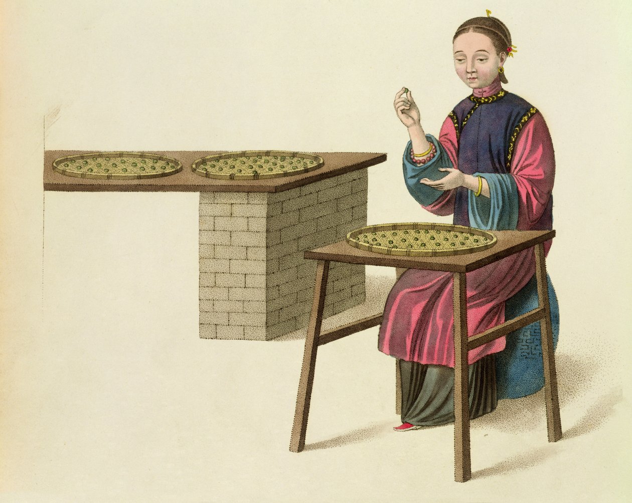 A Woman Preparing Tea, plate 21 fra 'The Costume of China', gravert av J. Dadley, 1800 av Major George Henry Mason