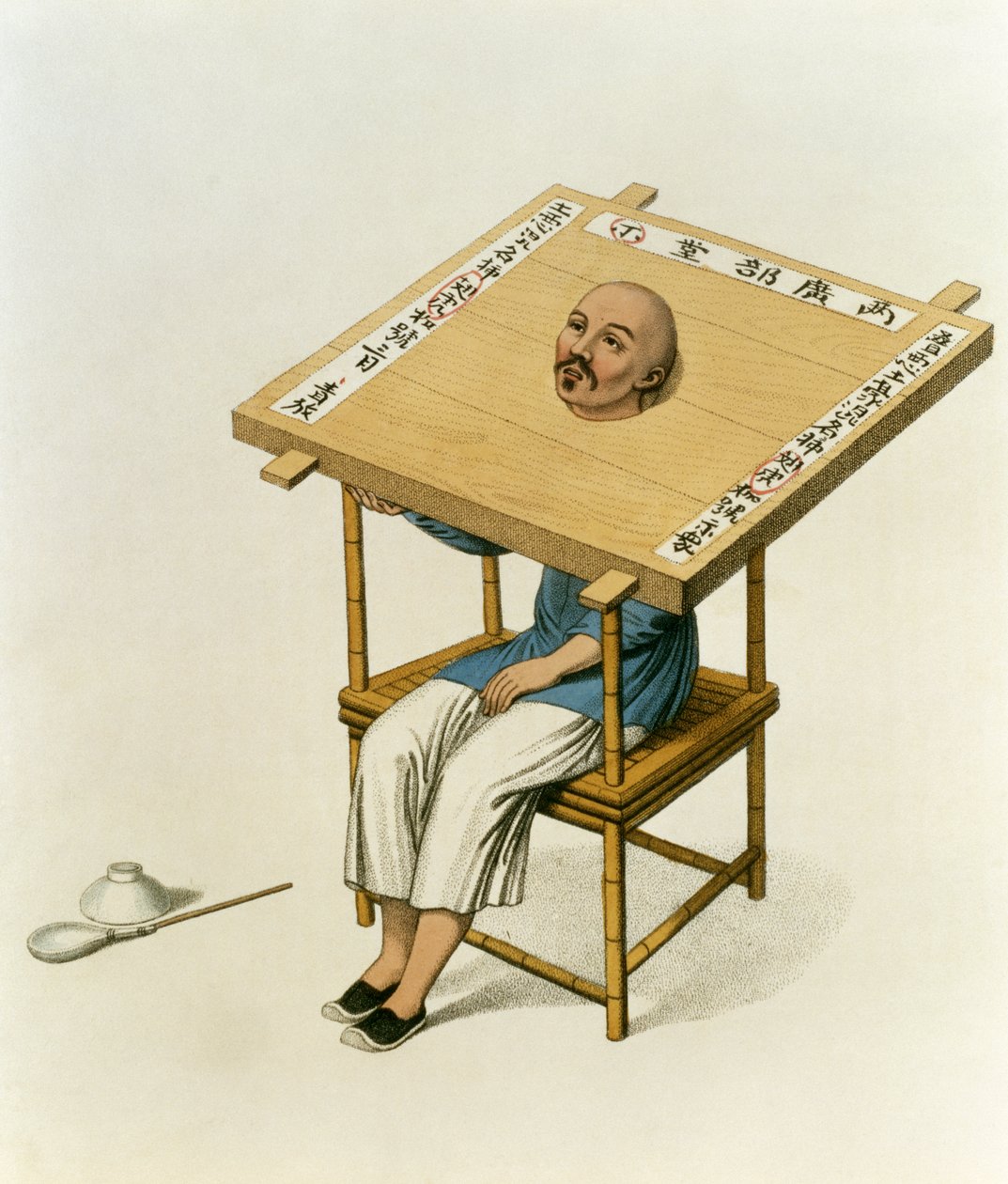 The Punishment of the Wooden Collar, plate 13 fra 'The Punishments of China', gravert av J. Dadley, 1804 av Major George Henry Mason