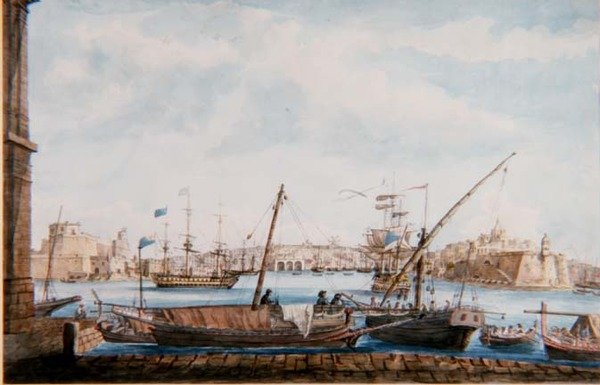 Utsikt over Galienes havn fra Valetta Side, ca. 1800 (blyant og akvarell) av Major James of Tolcross Weir