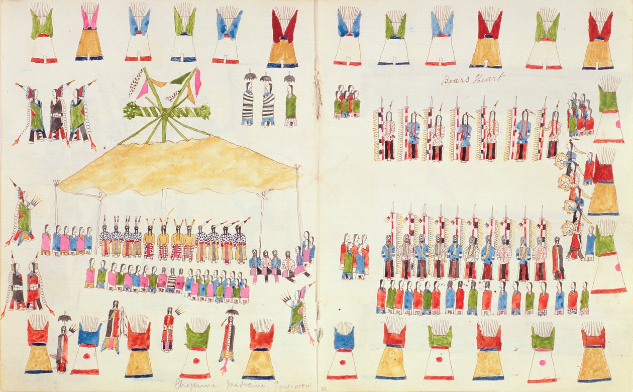 Bjørnens hjerte. Cheyenne Medicine pow-wow, fra en bok med skisser laget i Fort Marion, St Augustine, Florida, 1877 av Making Medicine