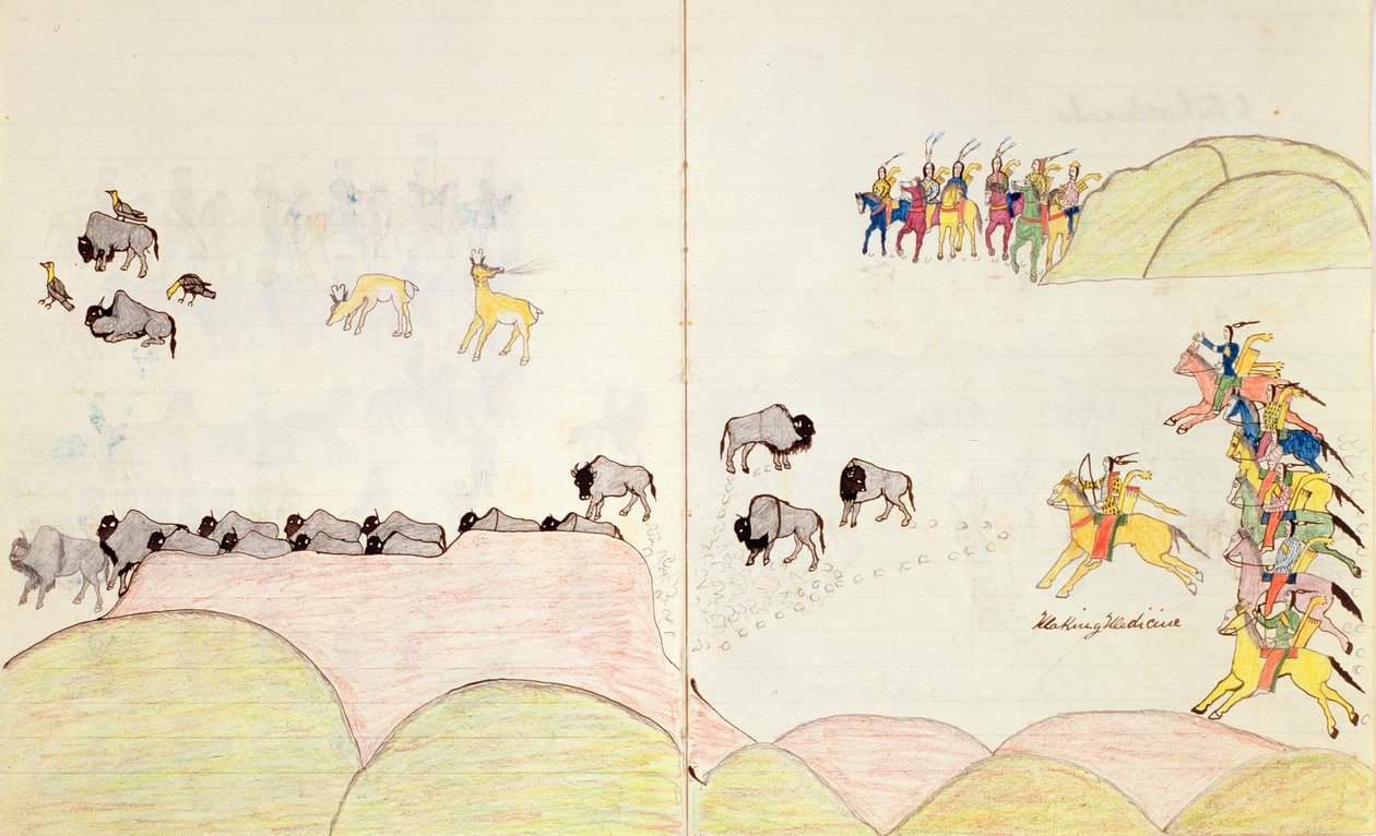 Native American Buffalo Hunt, fra en bok med skisser laget i Fort Marion, St. Augustine, Florida, 1877 av Making Medicine
