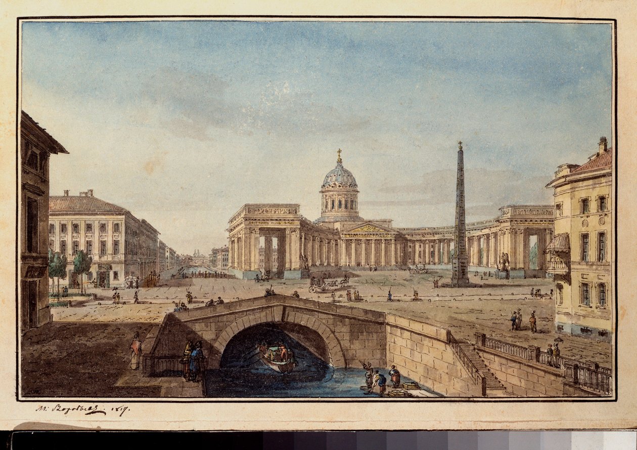 La cathedrale Kazan a Saint Petersburg (Kazan-katedralen i Saint Petersburg) - Verk av Maxim Nikiphorovich Vorobyev (Vorobiev) (1787-1855), blekk og akvarell på papir av Maksim Nikiforovich Vorobiev