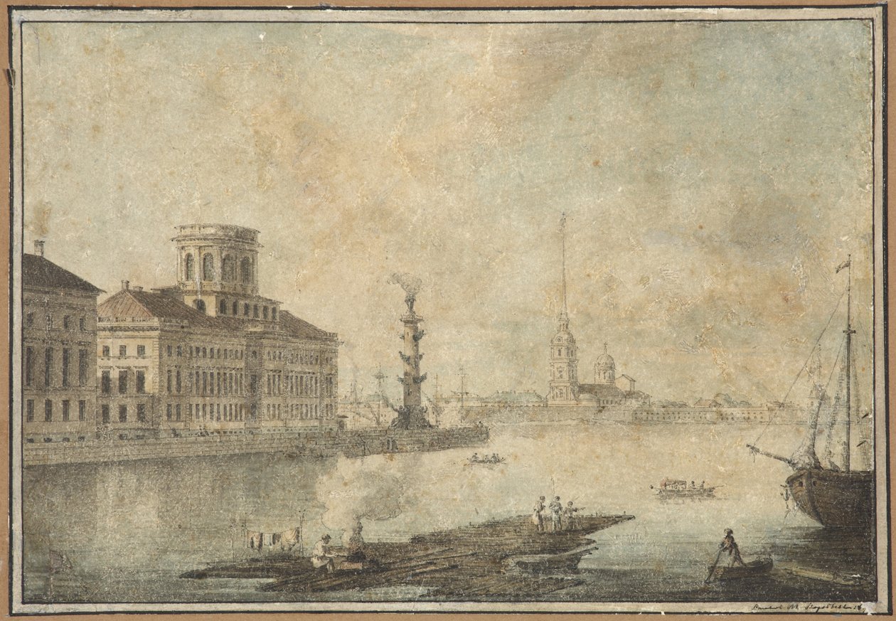 Utsikt over Neva og Vitenskapsakademiet - Maxim Nikiphorovich Vorobyev (1787-1855). Penn, pensel, akvarell, blekk på papir, Slutten av 1820-tallet-begynnelsen av 1830-tallet. Statens museum for historie i Sankt Petersburg av Maksim Nikiforovich Vorobiev