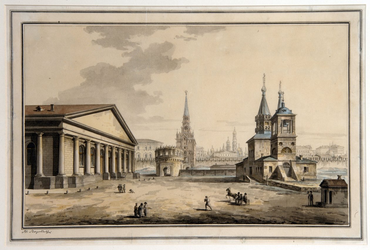 Utsikt over karusellen, Koutafia-tårnet og Saint Nicholas the Thaumaturge-kirken i Moskva (Russland). (Utsikt over Manege, Kutafya-tårnet og Saint Nicholas-kirken, Moskva). Arkitektur: Manegen reist mellom 1817 og 1825, av arkitekten Joseph Bove (1784-18) av Maksim Nikiforovich Vorobiev