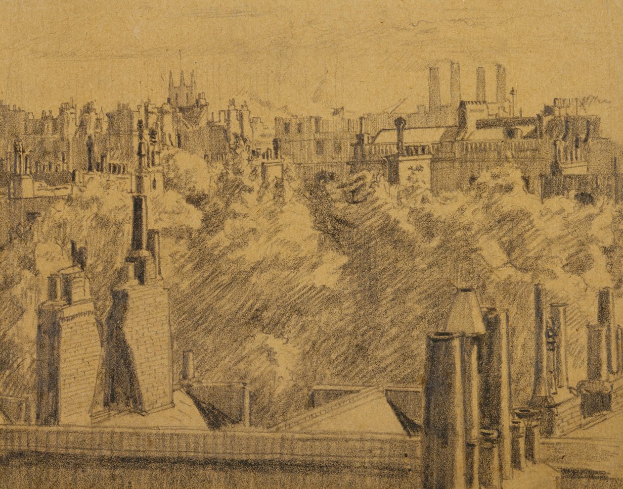 London Roofs, ca. 1914 (grafitt på papir lagt ned på kort) av Malcolm Drummond