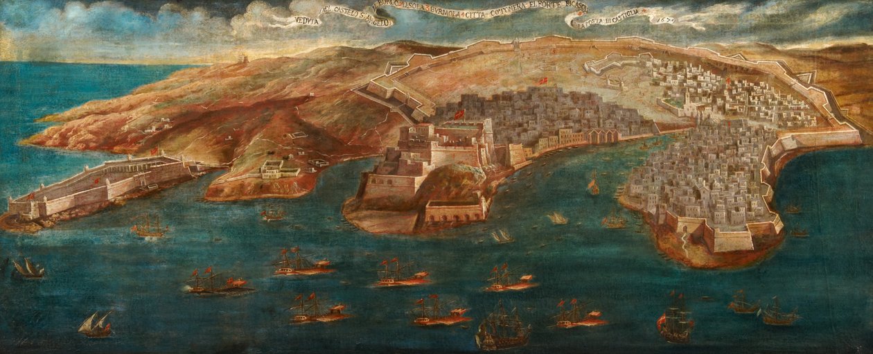 Utsikt over Fort Ricasoli, Castle St Angelo, LIsola og Cotonera-linjene fra Valletta, 1679 av Maltese School