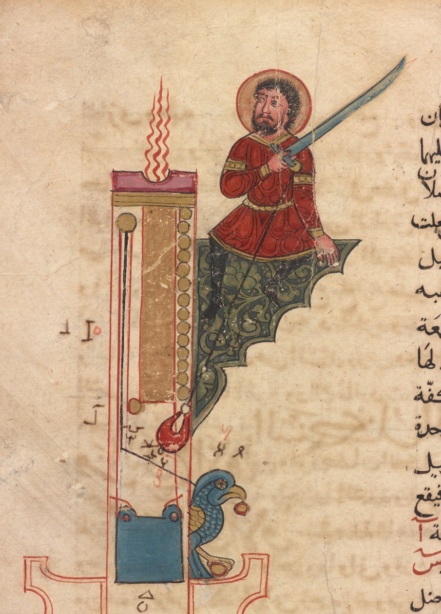 En lysklokke, folio fra Kitab fi ma`arifat al-hiyal al-handisaya (Kunnskapens bok om geniale mekaniske enheter) Automata av al-Jazari (d. 1206) (blekk, ugjennomsiktig akvarell og gull på papir) av Mamluk Sultanate school