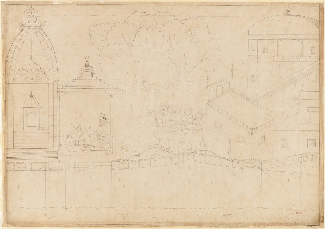 Indrajit gir tilbud: Folio fra Siege of Lanka-serien, ca. 1725. av Manaku